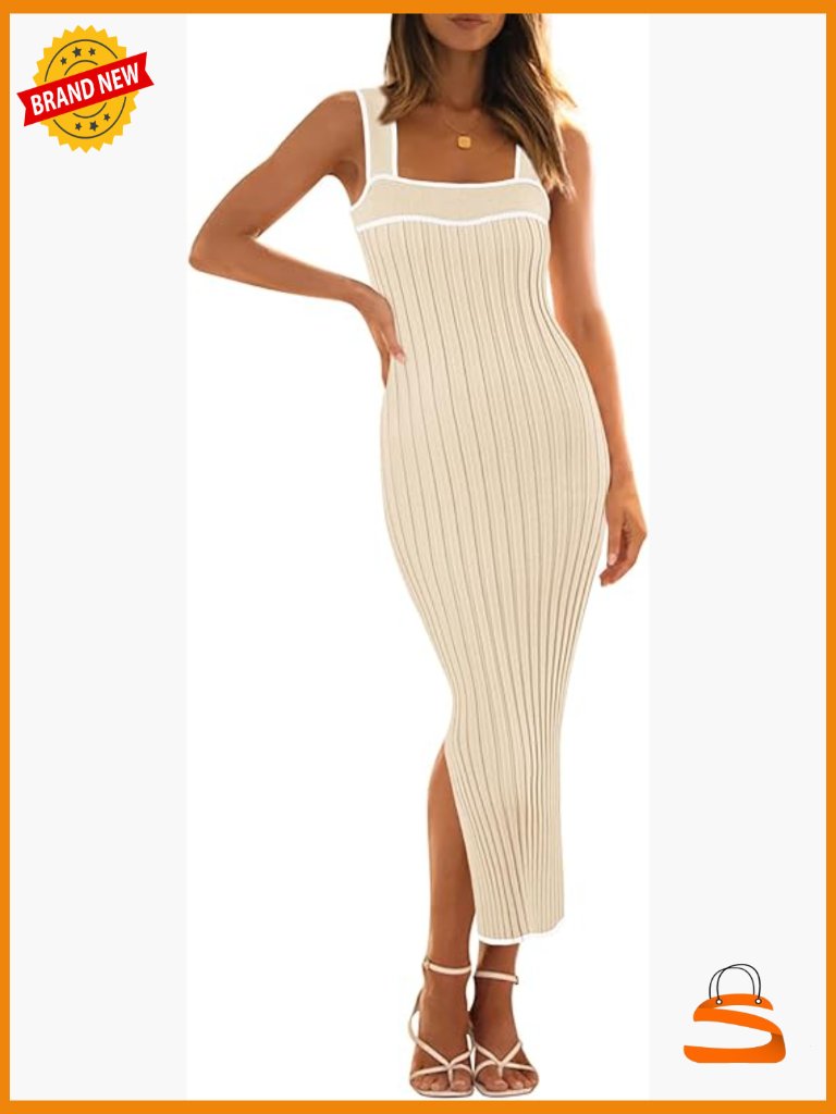Sleeveless Ribbed Knit Bodycon Midi Dress Striped Tank Summer